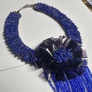 Incredible Iridescent Purple Beaded Statement Necklace with Floral Centerpiece